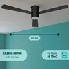 A black ceiling fan is shown mounted on a white ceiling in a room with teal walls. Produktbild-Vorschau