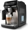 A fully automatic espresso machine with a glass of latte in the foreground. Produktbild-Vorschau