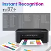 A printer is shown with a list of compatible HP printer models and some printed documents. Produktbild-Vorschau