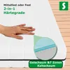 A close-up view of a mattress with a hand pressing down on it, showing a layered internal structure, and text overlays describing its features. Produktbild-Vorschau