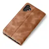 A brown leather flip case for a smartphone is shown against a white background. Produktbild-Vorschau