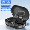 A pair of black wireless earbuds in their charging case, with promotional text overlays. Produktbild-Vorschau