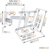 A diagram showing the dimensions and movement capabilities of a white wall mount for a television. Produktbild-Vorschau