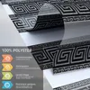 A close-up view of a patterned fabric, likely a blind or curtain, with text overlays describing its features. Produktbild-Vorschau