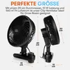 A marketing image showing two black clip fans with dimensions indicated by text and lines. Náhľad obrázku produktu