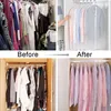A collage showing a before and after of a closet organization using garment bags. Produktbild-Vorschau