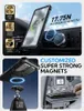 A collage of images showcasing a phone case with magnetic features, including its attachment to a car mount, its strength tested with a weight, and a close-up of its design. Produktbild-Vorschau