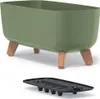 A green planter with wooden legs and a black insert tray. Produktbild-Vorschau