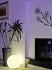 A modern living room corner with a fireplace, a plant, and a spherical lamp. Produktbild-Vorschau