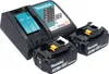 A Makita battery charger and two batteries are displayed on a white background. Produktbild-Vorschau