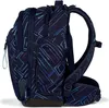 A side view of a dark blue backpack with a geometric pattern. Voir les images du produit