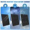 Three solar panels are shown under different weather conditions: sunny, rainy, and snowy. Produktbild-Vorschau