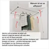 A ceiling-mounted clothes drying rack with clothes hanging on it, with arrows indicating air circulation. Voir les images du produit