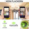 Two hands holding smartphones displaying a chandelier, one with a green checkmark and the other with a red cross, indicating flicker-free lighting. Below, icons represent longevity and usage, alongside the 'eyesafe' logo and a close-up of an eye. Produktbild-Vorschau