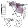 A collage of different views and configurations of a foldable clothes drying rack, with some towels and a garment displayed. Produktbild-Vorschau