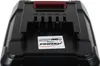 Close-up of a black battery pack with a red release lever and a sticker with text and a logo. Produktbild-Vorschau