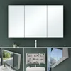 A collage of images showing a white bathroom medicine cabinet with mirrored doors, both closed and open, and in different settings. Produktbild-Vorschau
