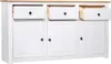 A white sideboard with a wooden top, featuring three drawers and three cabinet doors. Náhľad obrázku produktu