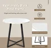 A round table with a marble-like top and black metal legs, accompanied by text and icons describing its features. Produktbild-Vorschau