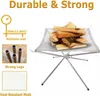 A portable fire pit with wood on top, and close-ups of its legs and mesh. Produktbild-Vorschau