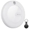 A white round smart geo tag with a black leather keychain accessory. Voir les images du produit