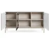 A modern, minimalist sideboard with its doors open, revealing multiple shelves. It is presented against a clean white background. Produktbild-Vorschau