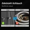 Comparison of two shower hoses, one labeled 'Unser' (Our) and the other 'Andere' (Other). The 'Unser' hose is shown as part of a shower system and is described as 'Flexibel & stabil' (Flexible & stable). The 'Andere' hose is shown coiled and appears worn,  Podgląd zdjęcia produktu