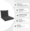 A dark gray lounge cushion set is shown next to a series of feature callouts. Produktbild-Vorschau