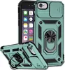 A teal iPhone case with a sliding camera cover and a ring holder is shown, with a partial view of an iPhone inside. Produktbild-Vorschau