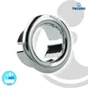 A chrome-plated overflow cover for a sink, presented on a white and light gray background with brand logos. Produktbild-Vorschau
