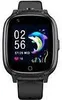 A close-up of a black smartwatch with a colorful dolphin graphic on the screen. Produktbild-Vorschau