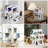 Collage of four images showing a white Ferris wheel photo frame in different settings and angles. Voir les images du produit