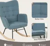 A blue rocking chair with close-up details of its fabric and upholstery, presented in a marketing collage format. Anteprima dell’immagine prodotto