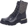 A black patent leather lace-up boot with a decorative patterned cuff and a gold accent on the sole. Voir les images du produit