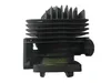 A black engine cylinder with fins on top, mounted on a gray base with some text and a logo. Voir les images du produit