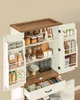 A white kitchen cabinet with doors open, displaying various food items and kitchenware. Náhled obrázku produktu
