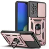 A rose gold and black phone case with a sliding camera cover and a ring stand, shown from multiple angles. Produktbild-Vorschau