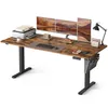 A modern, adjustable standing desk setup with multiple monitors, a printer, and office supplies. Produktbild-Vorschau