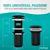 Diagrams and text illustrating the dimensions and universal fit of a pop-up drain assembly for sinks and washbasins. Produktbild-Vorschau
