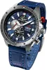A close-up studio shot of a Vostok Europe watch with a blue dial and strap. Podgląd zdjęcia produktu