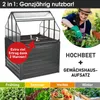 A split image showing a raised garden bed with a greenhouse attachment on the left, and a woman gardening on the right, with seasonal plant images at the bottom. Produktbild-Vorschau