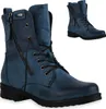 A pair of blue lace-up ankle boots with side zippers is shown against a white background. A second, smaller image of the same boot is visible in the upper right corner. Produktbild-Vorschau