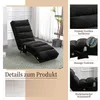 A black chaise lounge with multiple cushions is shown in a room with a plant and a window. The image is divided into sections highlighting product details and features. Produktbild-Vorschau