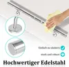 A hand is shown cleaning a stainless steel handrail with a yellow cloth, with close-up insets of the mounting bracket and end cap. Náhled obrázku produktu