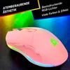 A pink gaming mouse with RGB lighting is shown, with promotional text overlayed on a colorful, abstract background. Produktbild-Vorschau