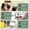 Collage of three scenes showing people interacting with tablets and laptops, with text overlays describing AI features. Produktbild-Vorschau
