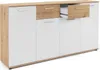 A sideboard with white doors and drawers, and wood-effect accents. Produktbild-Vorschau