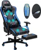 A blue and black gaming chair with a footrest, shown with a remote control and a pocket for the remote. Podgląd zdjęcia produktu