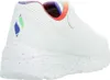 A side view of a white Skechers Uno Lite sneaker with rainbow speckles on the sole and a rainbow detail on the collar. Produktbild-Vorschau