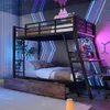 A modern bedroom with a bunk bed, desk, and gaming setup, illuminated by neon lights. Voir les images du produit